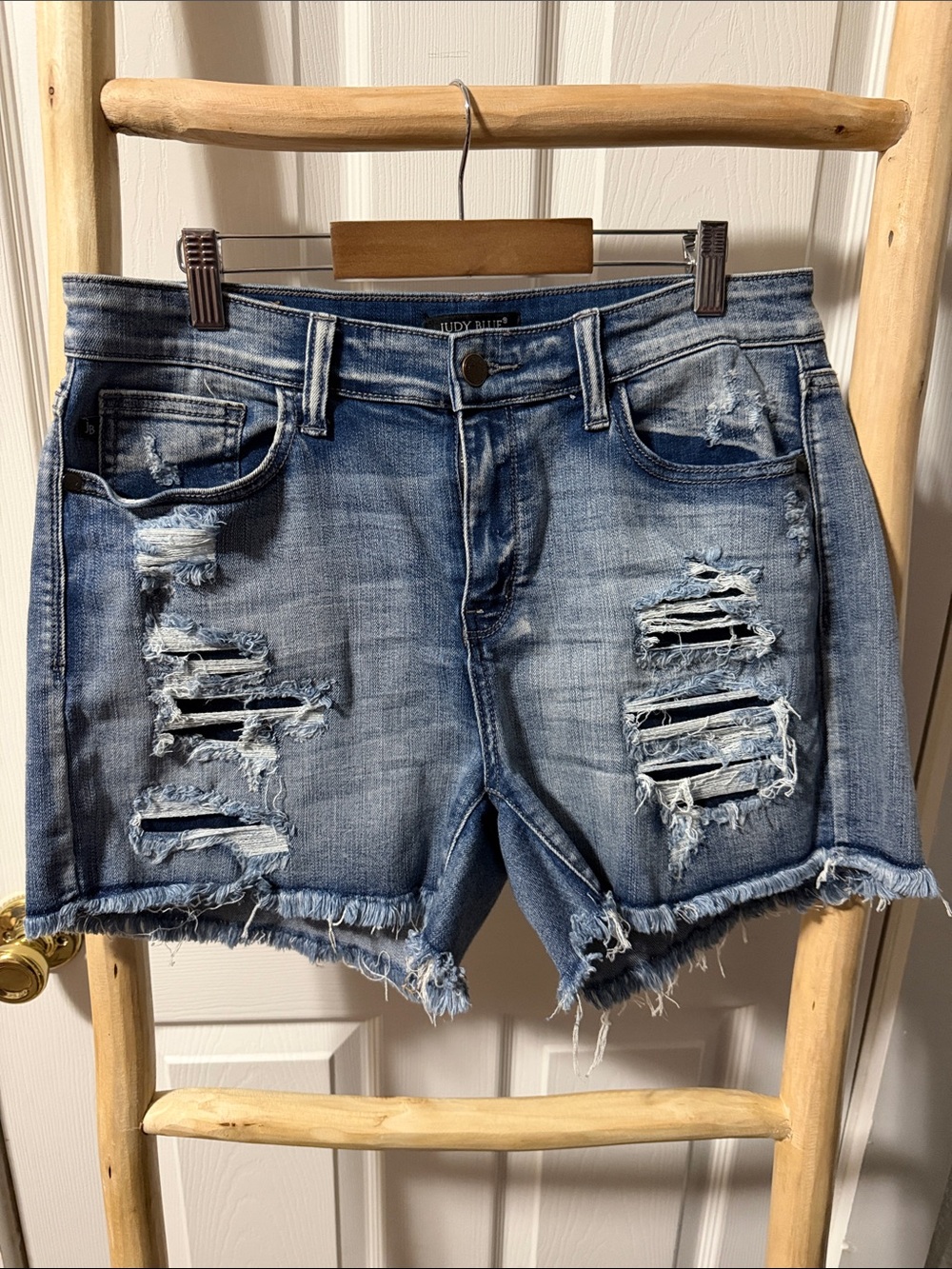 Judy Blue Distressed Light Blue Denim Shorts